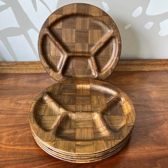 Weavewood Dining 6 Vintage Weavewood Walnut Wood Divided Fondue